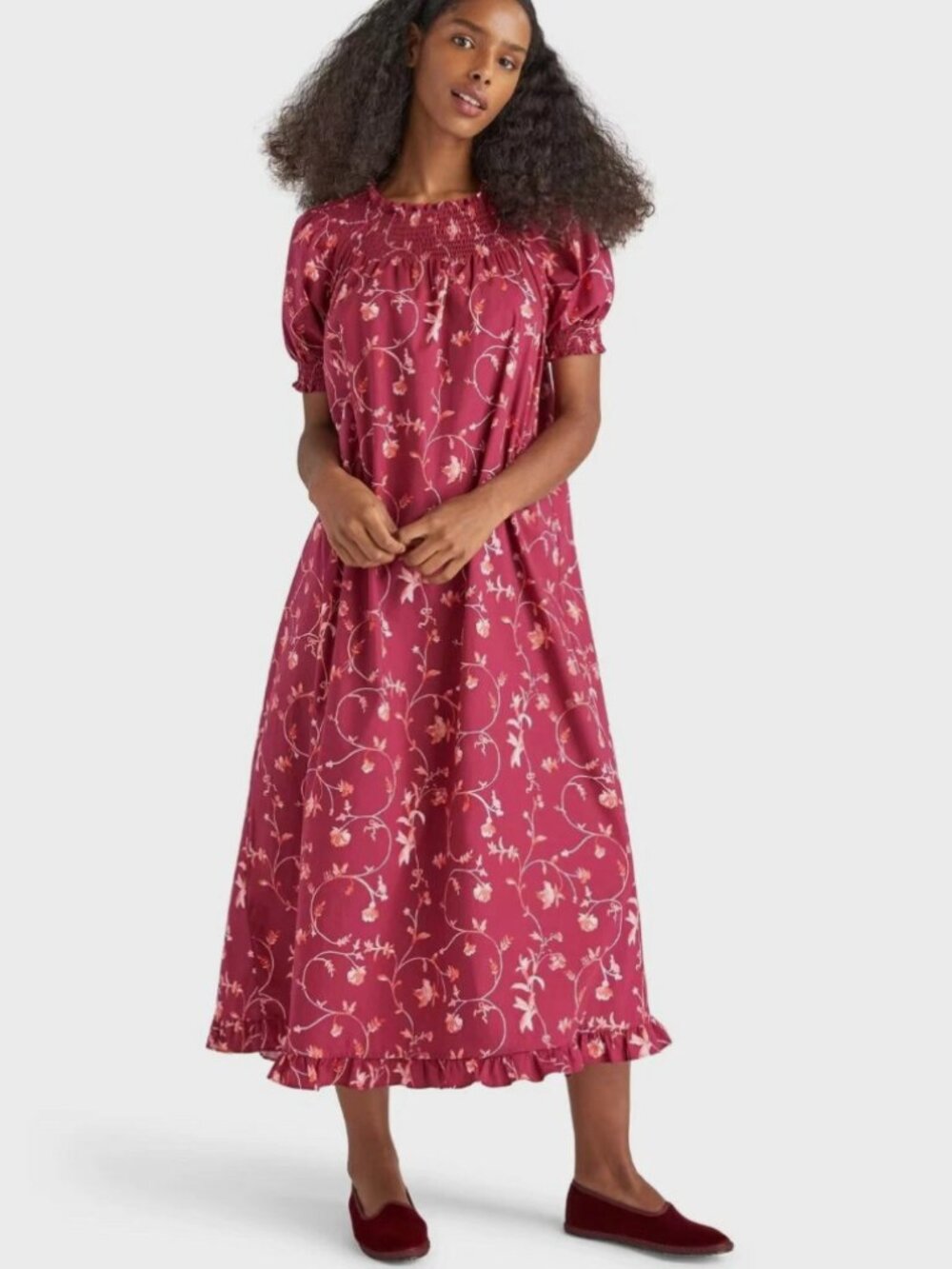 Hill House Caroline Nap Dress Burgundy Botanical Floral Size XS